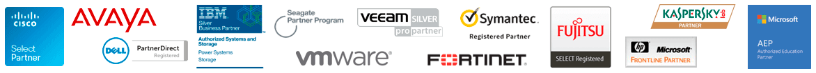 Логотипы партнёров: Cisco, IBM, Microsoft, Avaya, Veeam, Kaspersky, Fujitsu, Dell, VMware, Fortinet и других